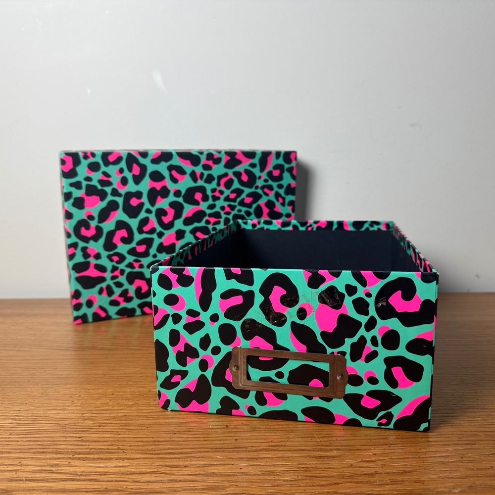 Neon Leopard Print Storage Box Teal Pink Animal Print Y2K Desk Organizer‎ Label